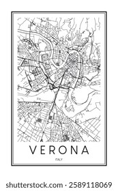 Printable downtown road map poster of the Italian city of VERONA on solid white background with city name