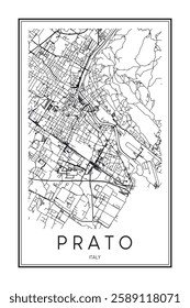 Printable downtown road map poster of the Italian city of PRATO on solid white background with city name