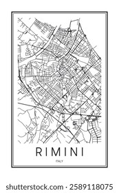 Printable downtown road map poster of the Italian city of RIMINI on solid white background with city name