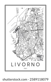 Printable downtown road map poster of the Italian city of LIVORNO on solid white background with city name