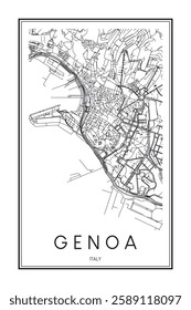 Printable downtown road map poster of the Italian city of GENOA on solid white background with city name