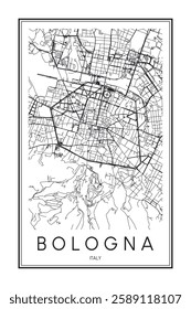 Printable downtown road map poster of the Italian city of BOLOGNA on solid white background with city name