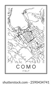 Printable downtown road map poster of the Italian city of COMO on solid white background with city name