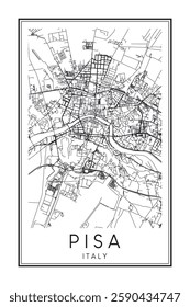 Printable downtown road map poster of the Italian city of PISA on solid white background with city name