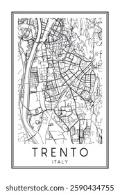 Printable downtown road map poster of the Italian city of TRENTO on solid white background with city name