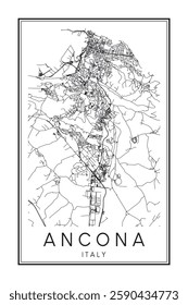 Printable downtown road map poster of the Italian city of ANCONA on solid white background with city name