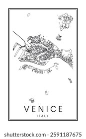 Printable downtown road map poster of the Italian town of VENICE on solid white background with city name