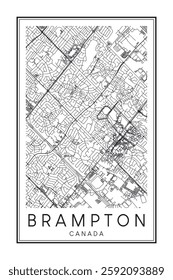 Printable downtown road map poster of the Canadian city of BRAMPTON on solid white background with city name