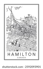 Printable downtown road map poster of the Canadian city of HAMILTON on solid white background with city name