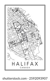 Printable downtown road map poster of the Canadian city of HALIFAX on solid white background with city name