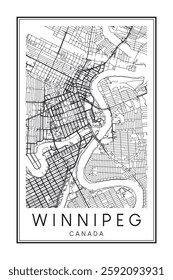 Printable downtown road map poster of the Canadian city of WINNIPEG on solid white background with city name