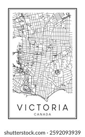 Printable downtown road map poster of the Canadian city of VICTORIA on solid white background with city name