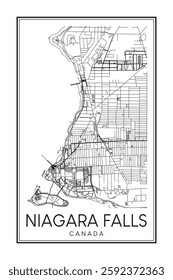 Printable downtown road map poster of the Canadian city of NIAGARA FALLS on solid white background with city name