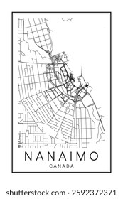 Printable downtown road map poster of the Canadian city of NANAIMO on solid white background with city name