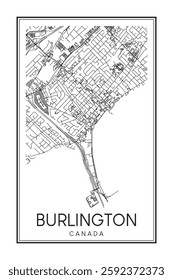 Printable downtown road map poster of the Canadian city of BURLINGTON on solid white background with city name