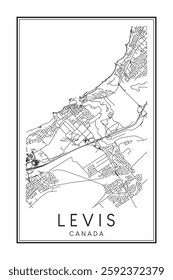 Printable downtown road map poster of the Canadian city of LEVIS on solid white background with city name