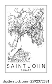 Printable downtown road map poster of the Canadian city of SAINT JOHN on solid white background with city name
