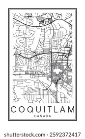 Printable downtown road map poster of the Canadian city of COQUITLAM on solid white background with city name