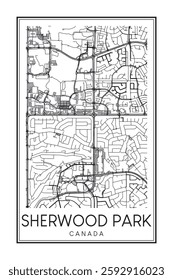 Printable downtown road map poster of the Canadian city of SHERWOOD PARK on solid white background with city name