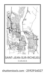 Printable downtown road map poster of the Canadian city of SAINT-JEAN-SUR-RICHELIEU on solid white background with city name