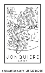 Printable downtown road map poster of the Canadian city of JONQUIERE on solid white background with city name