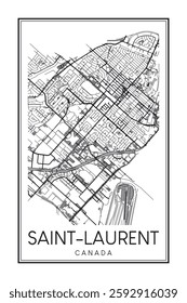 Printable downtown road map poster of the Canadian city of SAINT-LAURENT on solid white background with city name