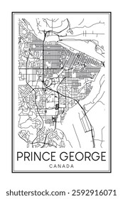 Printable downtown road map poster of the Canadian city of PRINCE GEORGE on solid white background with city name