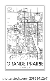 Printable downtown road map poster of the Canadian city of GRANDE PRAIRIE on solid white background with city name
