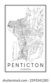 Printable downtown road map poster of the Canadian city of PENTICTON on solid white background with city name