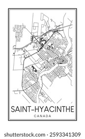 Printable downtown road map poster of the Canadian city of SAINT-HYACINTHE on solid white background with city name