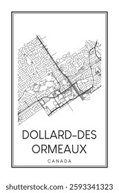 Printable downtown road map poster of the Canadian city of DOLLARD-DES ORMEAUX on solid white background with city name