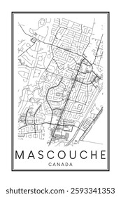 Printable downtown road map poster of the Canadian city of MASCOUCHE on solid white background with city name