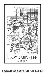 Printable downtown road map poster of the Canadian city of LLOYDMINSTER on solid white background with city name