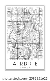 Printable downtown road map poster of the Canadian city of AIRDRIE on solid white background with city name