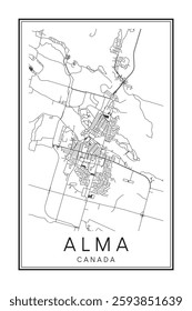 Printable downtown road map poster of the Canadian city of ALMA on solid white background with city name