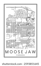 Printable downtown road map poster of the Canadian city of MOOSE JAW on solid white background with city name