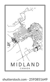 Printable downtown road map poster of the Canadian city of MIDLAND on solid white background with city name
