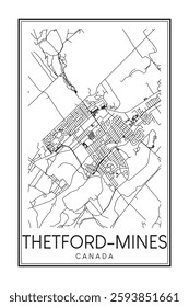 Printable downtown road map poster of the Canadian city of THETFORD-MINES on solid white background with city name