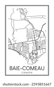 Printable downtown road map poster of the Canadian city of BAIE-COMEAU on solid white background with city name