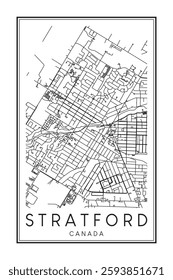 Printable downtown road map poster of the Canadian city of STRATFORD on solid white background with city name