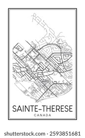 Printable downtown road map poster of the Canadian city of SAINTE-THERESE on solid white background with city name