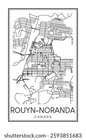 Printable downtown road map poster of the Canadian city of ROUYN-NORANDA on solid white background with city name