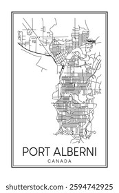 Printable downtown road map poster of the Canadian city of PORT ALBERNI on solid white background with city name