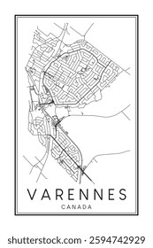Printable downtown road map poster of the Canadian city of VARENNES on solid white background with city name