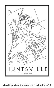 Printable downtown road map poster of the Canadian city of HUNTSVILLE on solid white background with city name