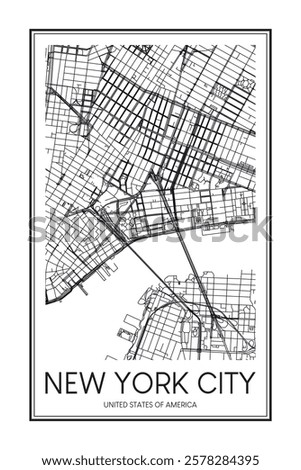 Printable downtown road map poster of the USA city of NEW YORK CITY on solid white background with city name