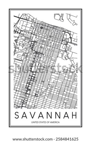 Printable downtown road map poster of the USA city of SAVANNAH on solid white background with city name