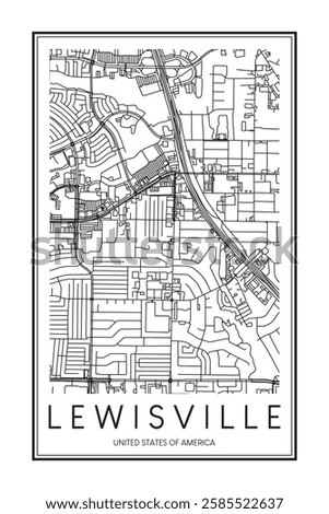 Printable downtown road map poster of the USA town of LEWISVILLE on solid white background with city name
