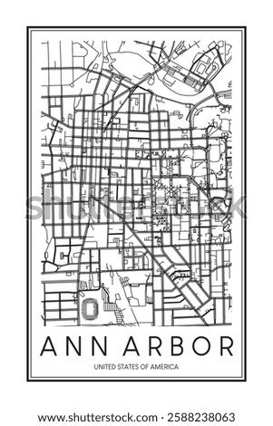 Printable downtown road map poster of the USA town of ANN ARBOR on solid white background with city name