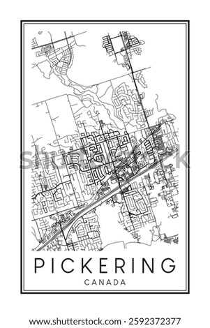Printable downtown road map poster of the Canadian city of PICKERING on solid white background with city name